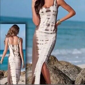 VENUS Tie Dye Maxi Dress Size Medium Taupe White Cutout Back Soft Rayon